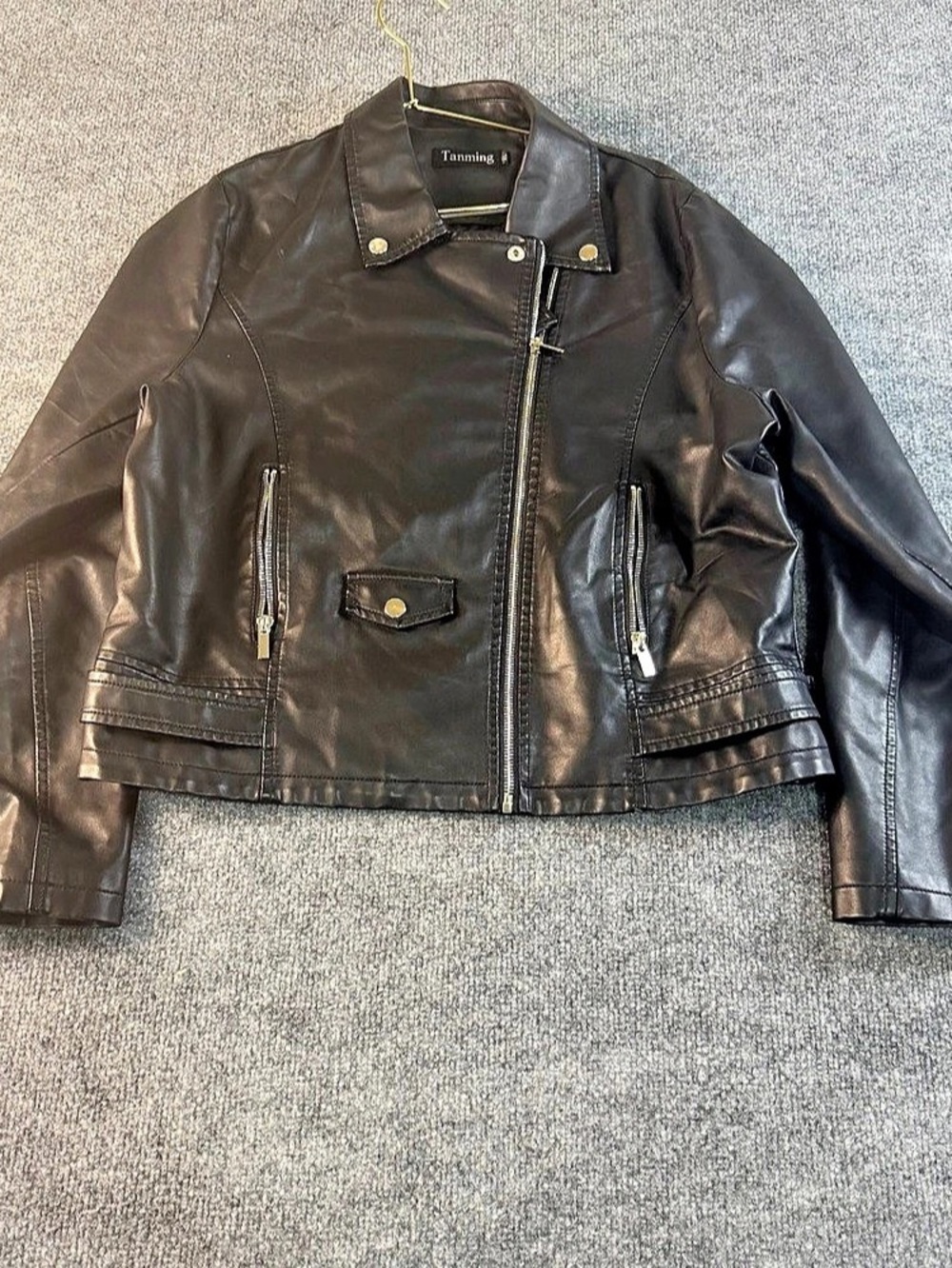 Tanming Women's Black Faux Leather Moto Jacket